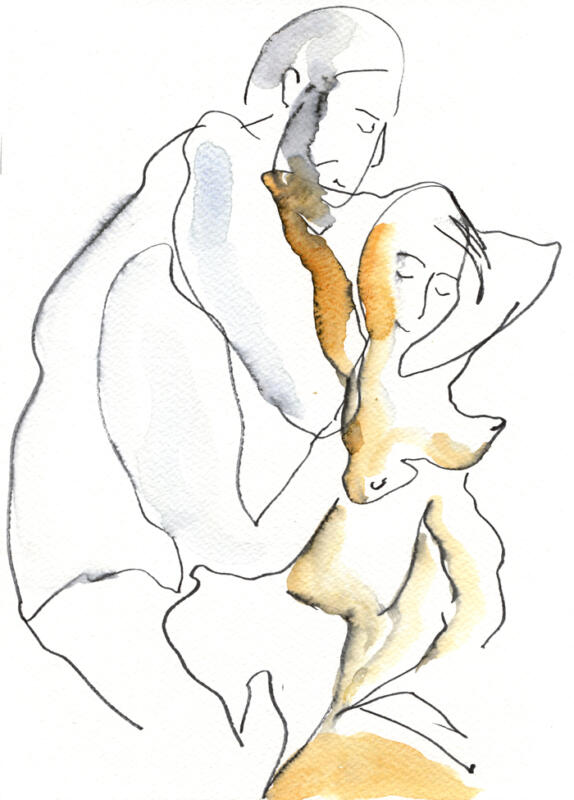 Sketches from the shibari event in Gothenburg: couples are playing with ropes, and artists are drawing them simultaneously, in movement.