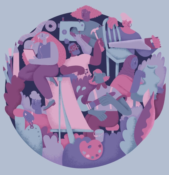 Illustration föreställande människor som skapar. En bygger, en sågar, en målar, en syr, en ritar. Färgskalan är i pastellfärger såsom lila, rosa och blå.