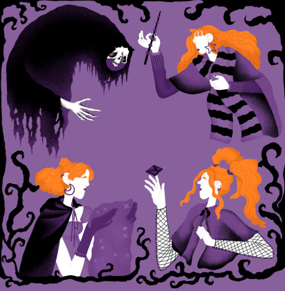 Illustration från skolprojekt på temat häxor, föreställer 3 häxor längs kanterna, färgskalan är i mörklila, ljuslila, svart och orange.