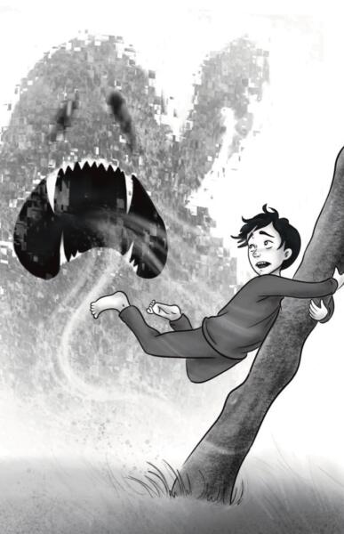 Pojke som håller i ett träd, monster, illustration 
