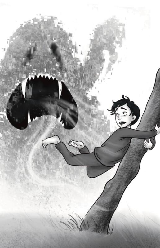 Pojke som håller i ett träd, monster, illustration 