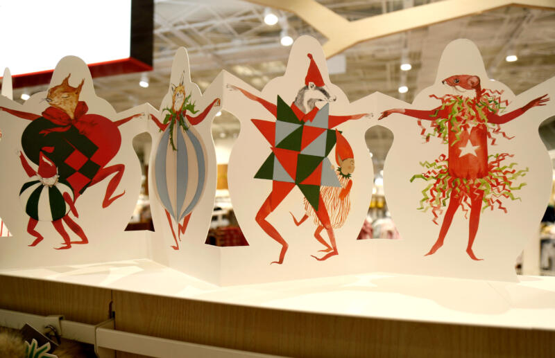 Lina Ekstrands illustrations of christmas characters based on christmas ornaments and Swedish forest animals dancing