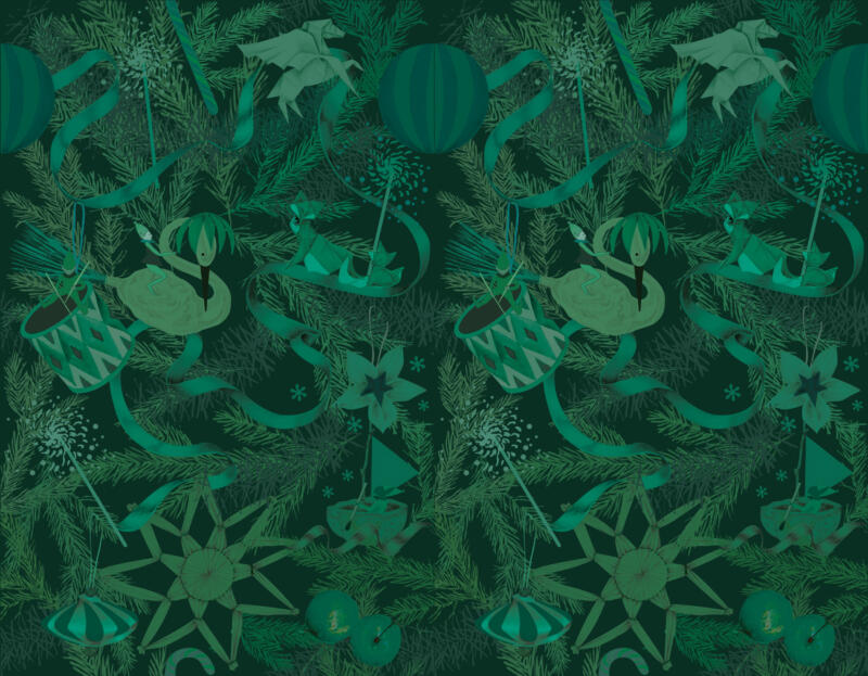 Lina Ekstrands illustrationer till Åhléns julkampanj, mönster till inslagspapper med handtecknat klassiskt julgranspynt