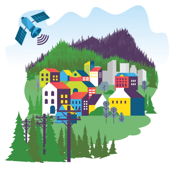 Digital illustration för Sogeti Sverige AB, av Maria Helgars, visar ett samhälle med hus och en skog i förgrunden, berg i bakgrunden.