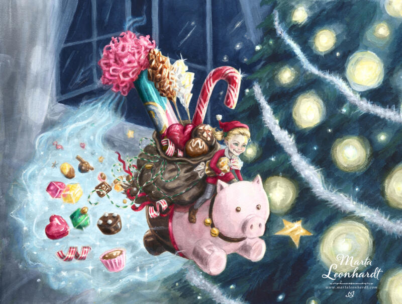 "Julegris". Julmotiv av tomtenissa och marsipangris med godis. Akvarell, Marta Leonhardt, 2022. Illustration för produkter, jul, julkort, barnböcker, bilderböcker mm. 