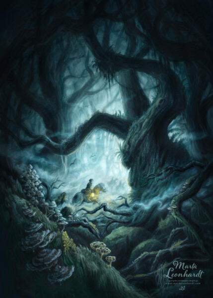 Illustration i akvarell av Marta Leonhardt, bokomslag eller bokillustration till ”Ringens brödraskap” av JRR Tolkien. Utgiven på jiddisch av Olniansky Tekst. Hobbitarna rider på ponnys genom den mystiska gamla skogen, full av levande träd, dolda faror, mossa och svampar. Fantasy, magisk realism, magi och spänning för barnböcker, 6-9 år, 9-12 år och uppåt. Klassisk fantasy.