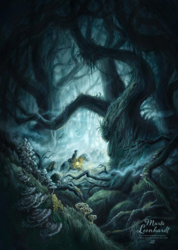 Illustration i akvarell av Marta Leonhardt, bokomslag eller bokillustration till ”Ringens brödraskap” av JRR Tolkien. Utgiven på jiddisch av Olniansky Tekst. Hobbitarna rider på ponnys genom den mystiska gamla skogen, full av levande träd, dolda faror, mossa och svampar. Fantasy, magisk realism, magi och spänning för barnböcker, 6-9 år, 9-12 år och uppåt. Klassisk fantasy. 
