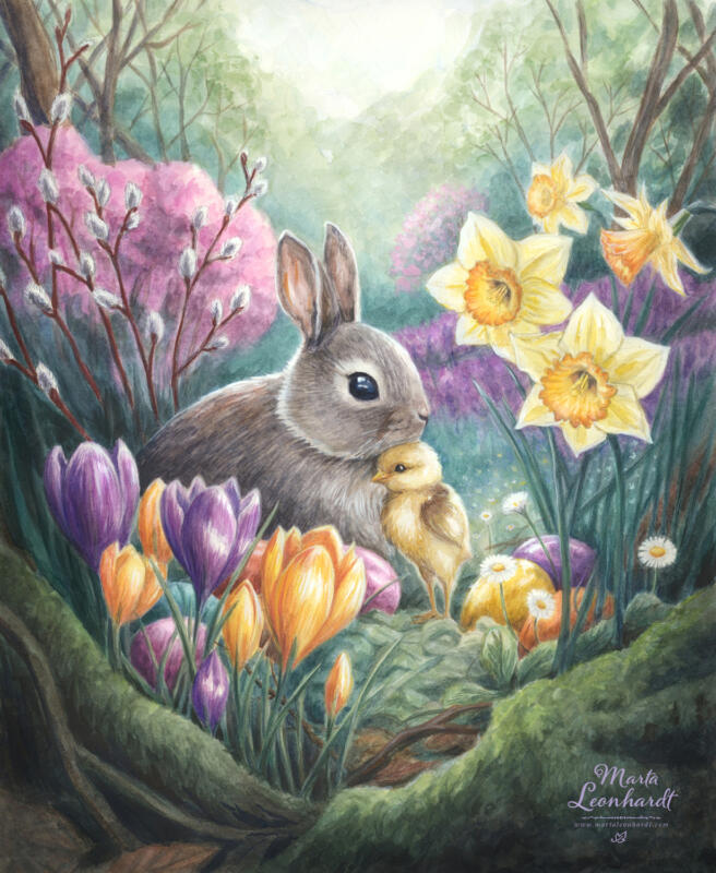 En kaninunge och en kyckling med påskägg bland växter och blommor som videung, krokus och påskliljor. Akvarellmålning av gulliga djurungar, vårmotiv. Illustrationer i akvarell av Marta Leonhardt för Påskkollektion 2024, Hedlundgruppen. Trycks på påskägg och andra produkter. Detaljerade illustrationer för bilderböcker, barnböcker, barnrummet mm. Kanin och kyckling med vårblommor.
