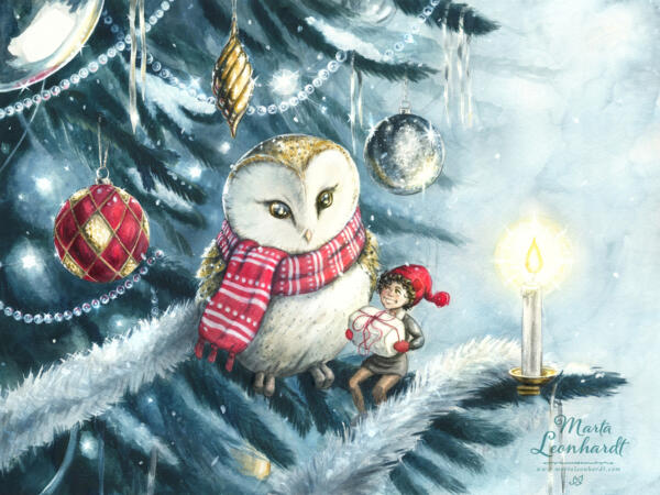 Julmotiv, uggla och tomtenisse i gran, akvarell, Marta Leonhardt, 2022. Illustration eller bokillustration för produkter, jul, julkort, barnböcker, bilderböcker på tema sagor, nostalgi, fantasy, folksagor, historiskt.