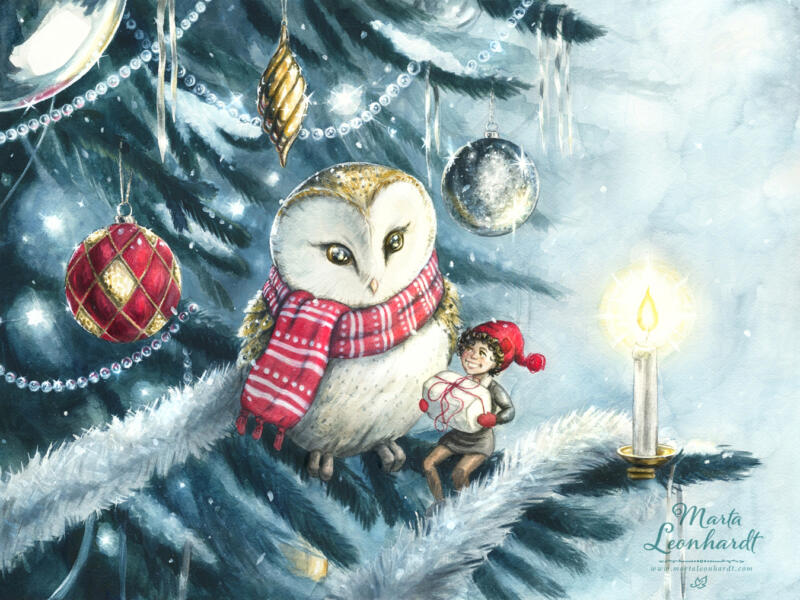 Julmotiv, uggla och tomtenisse i gran, akvarell, Marta Leonhardt, 2022.  Illustration eller bokillustration för produkter, jul, julkort, barnböcker, bilderböcker på tema sagor, nostalgi, fantasy, folksagor, historiskt.