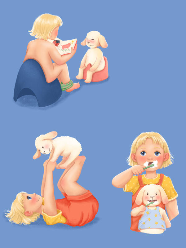 Illustration till barnbok. Digital illustration i färg. Ett barn gör vardagssaker.