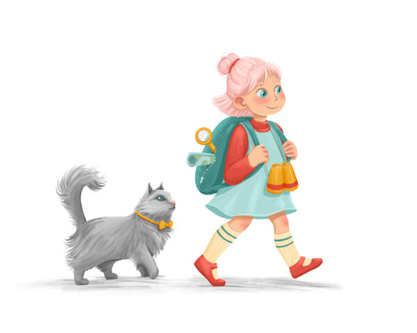 Flicka och katt på upptäcksfärd. Barnboksillustration.