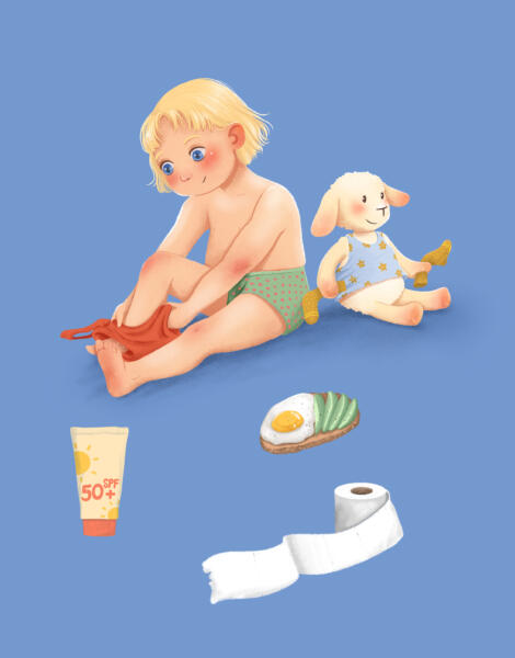 Illustration till barnbok. Digital illustration i färg. Ett barn gör vardagssaker.