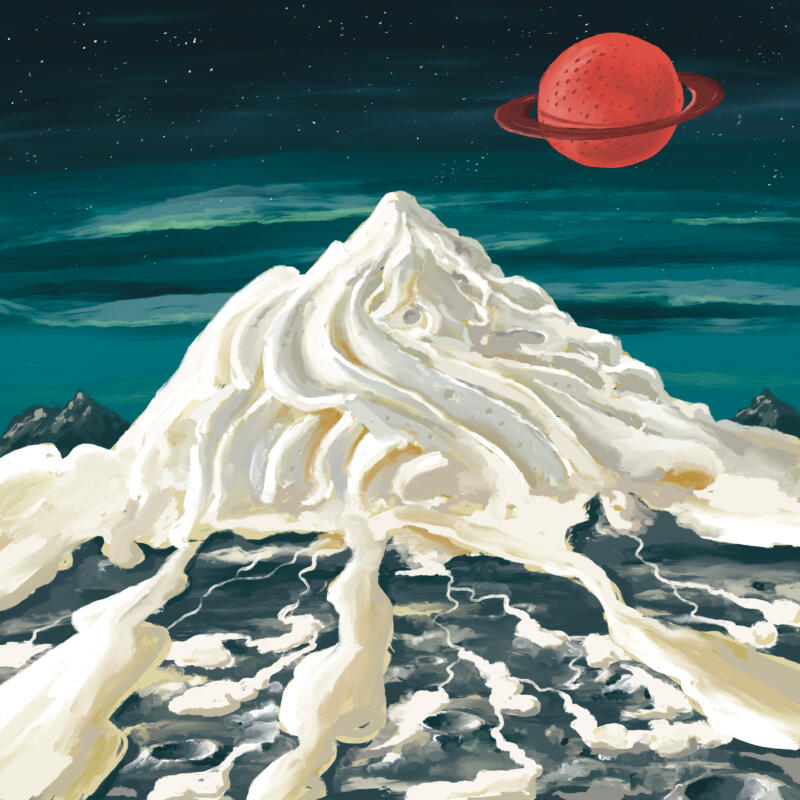 Illustration of mountain of cream and strawberry planet in the sky.