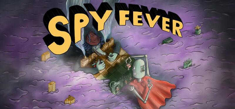 Omslags bild till spelet Spy fever, en spion utomjording spelar mot en robot spion i ett lila hav av dimma.