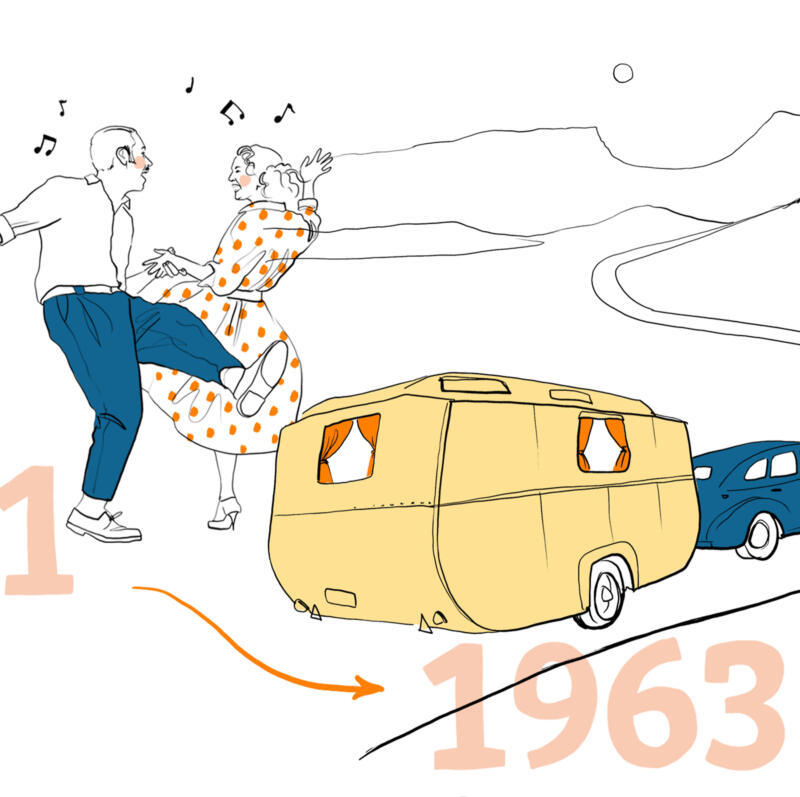 Retro illustration av par som dansar och reser med husvagn