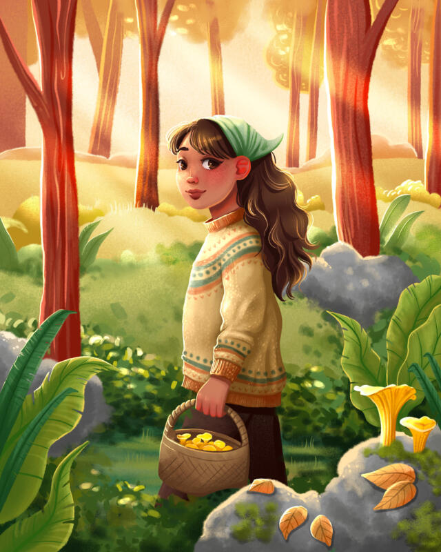 Flicka på promenad i skogen och plockar svamp. Kantareller. Barnboksillustration.