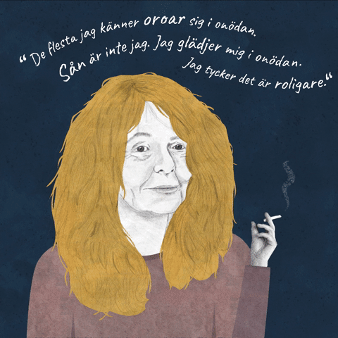 Illustrerat och animerat porträtt av Kristina Lugn som röker en cigarett.