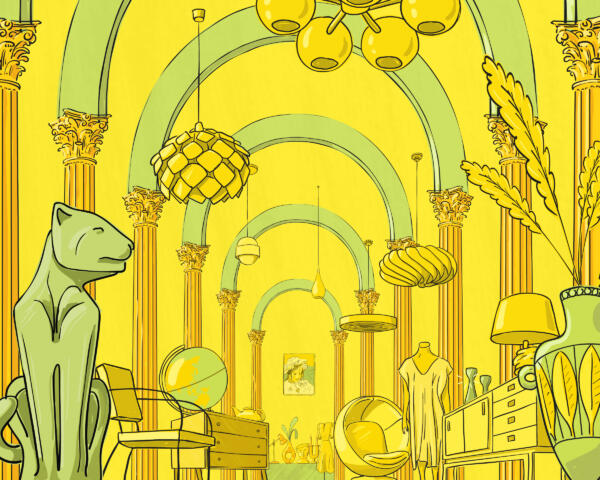 Hand drawn animated film still of vintage and antique market in yellow