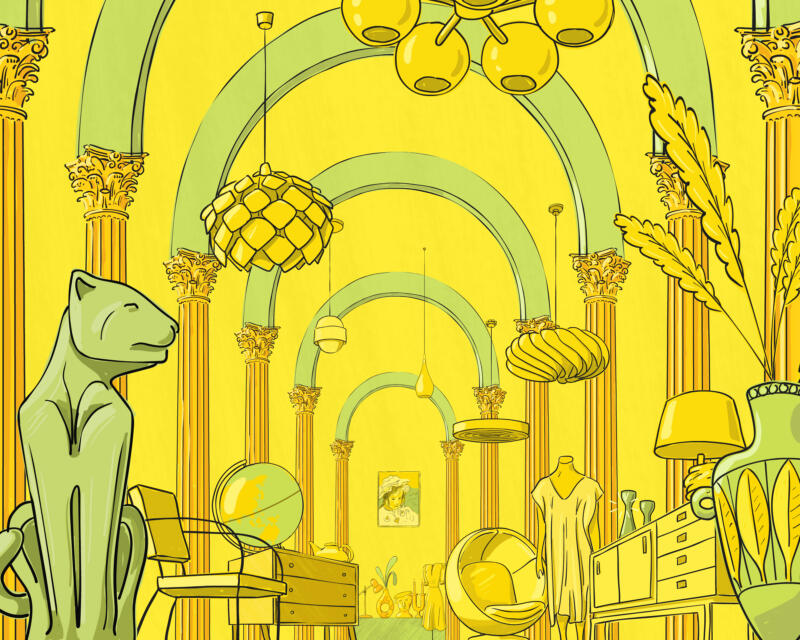 Hand drawn animated film still of vintage and antique market in yellow