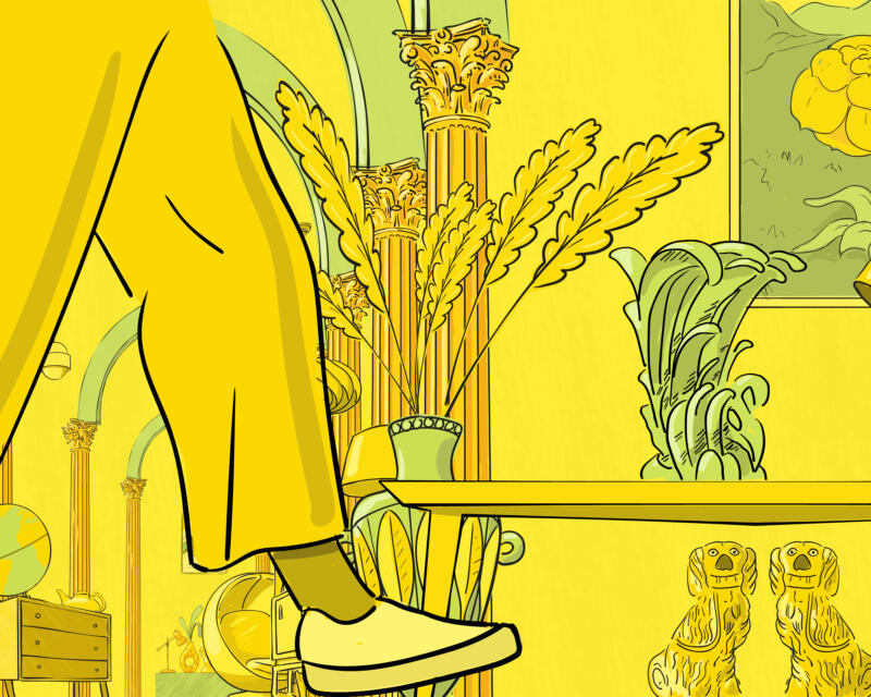 Hand drawn animated film still with vintage sculptures