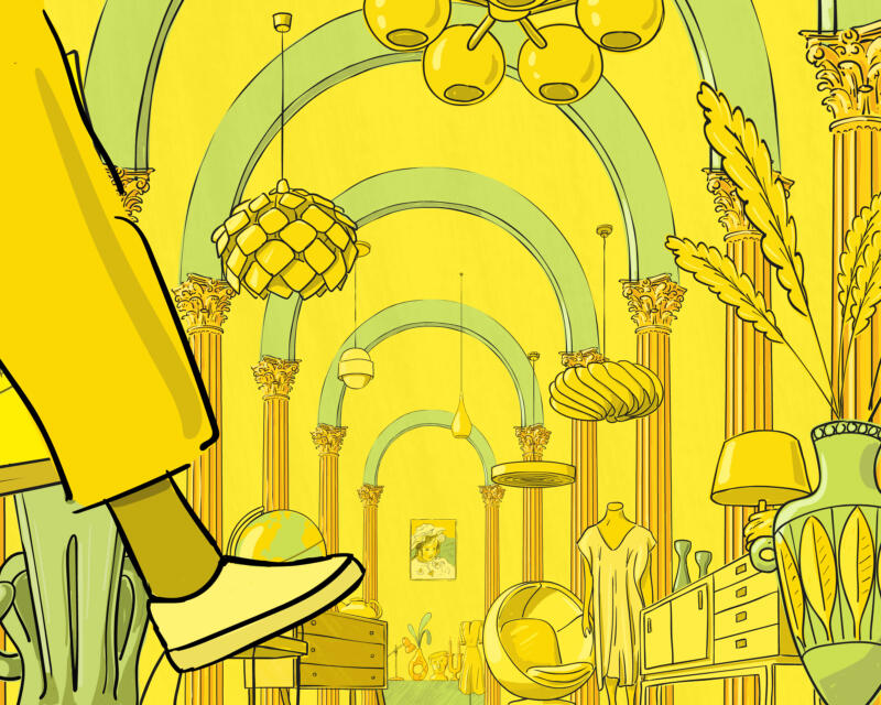 Hand drawn animated film still with someone walking through antique market