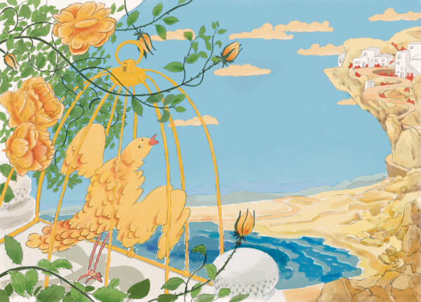 Colourful book illustration of yellow bird trapped in gold cage in hot sunny landscape.