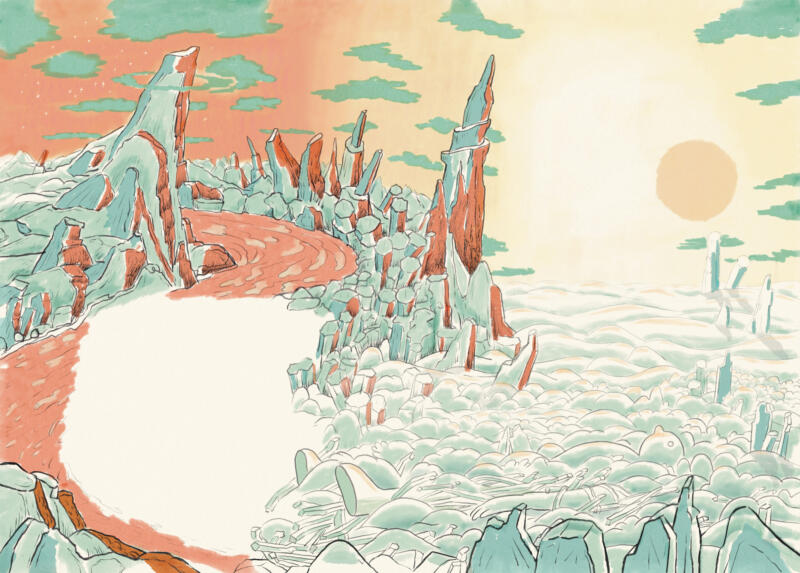 Colourful book illustration of landscape of snow and ice with warming sunshine.