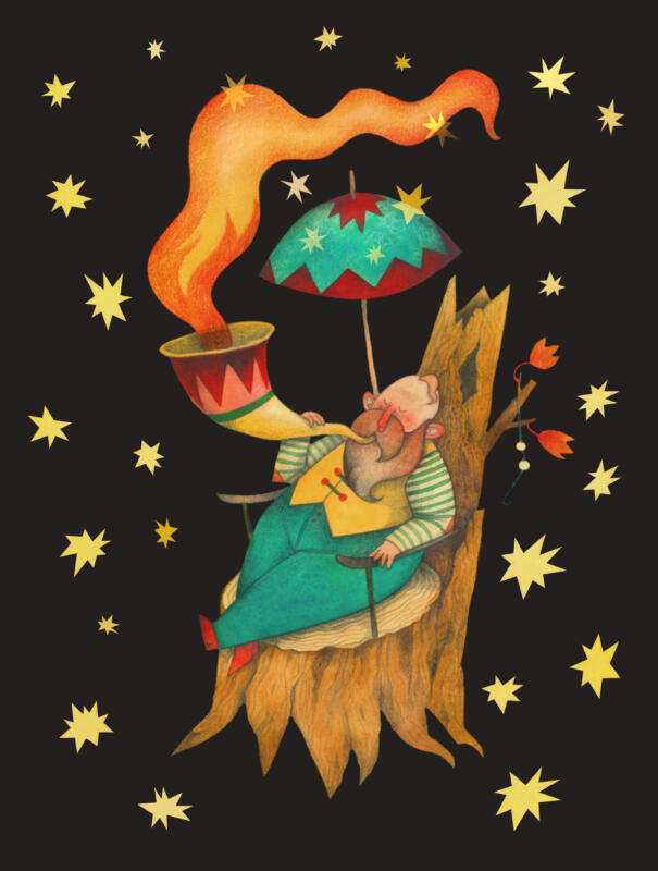 Illustration av gammal person som sitter på en stubbe och spelar musik, mot en stjärnhimmelsbakgrund.