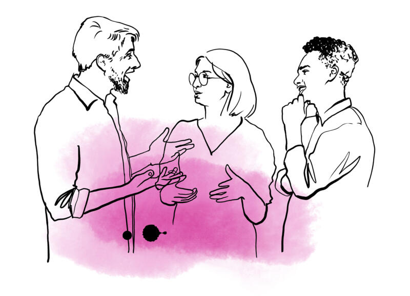 Illustration av tre persioner som diskuterar