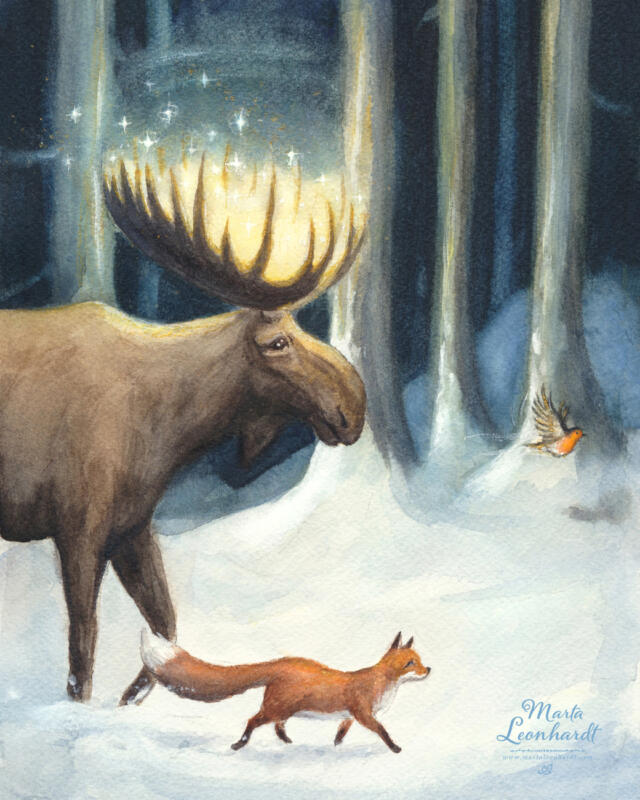  "Midvinternatt", julkort med älg, räv och rödhake, akvarell. Illustrationer i akvarell till julkort för Pandaförsäljningen, där en del av vinsten går till WWFs arbete. Temat är svensk natur och djur med en magisk känsla.  Illustrationer på tema jul, vinter, fantasy, nostalgi, och magisk realism för vykort, sagor, barnböcker, bilderböcker mm.