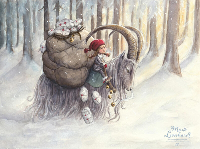 Tomtenissa rider på en Julbock genom snön i skogen. Illustration i akvarell av Marta Leonhardt. Tema svensk jul, snö, tomte, folktro, traditioner, presenter, nostalgi, julmagi, vinter, svensk natur, julbocken, väsen och sagor. Illustration för barnbok, sagobok, bilderbok, julkort, julprodukter. Gammaldags julkort, nostalgi.