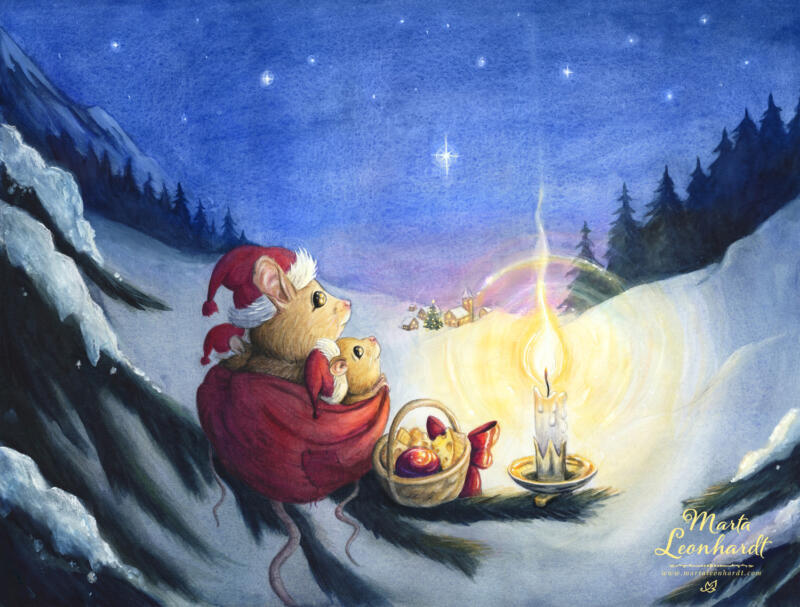 Julmotiv i akvarell för Hedlundgruppen. Mössen firar jul i en gran och ser ut över snöklätt landskap med skog, en liten by och blå stjärnhimmel. Mysig stämning av klassisk sagobok, med julmagi. Handmålad illustration av Marta Leonhardt lämplig för sagor, bilderböcker, 6-9 år, barnböcker, samt produkter för jul som julkort, presentpåsar, julböcker, julgranspynt, klistermärken, servetter och underlägg. Gammaldags julkort, nostalgi.