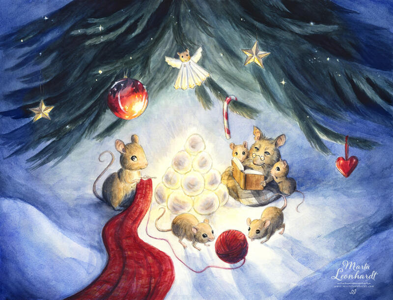 Julmotiv i akvarell för Hedlundgruppen. Mössen firar jul under en gran med snölykta. Stämning av klassisk sagobok. Illustration av Marta Leonhardt. Mysig stämning av klassisk sagobok, med julmagi. Handmålad illustration av Marta Leonhardt lämplig för sagor, bilderböcker, 6-9 år, barnböcker, samt produkter för jul som julkort, presentpåsar, julböcker, julgranspynt, klistermärken, servetter och underlägg. Gammaldags julkort, nostalgi.