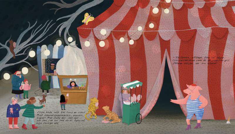 Uppslag ur barnboken Sally surar med illustration av en cirkus.