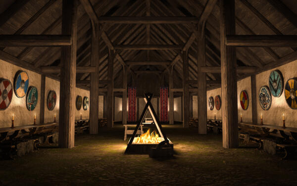 3D-illustration av forntida vikingahall.