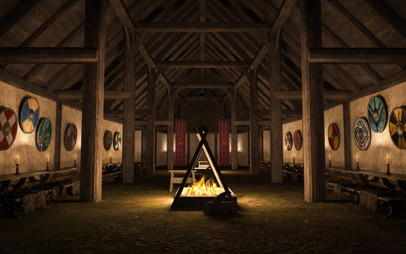 3D-illustration av forntida vikingahall.