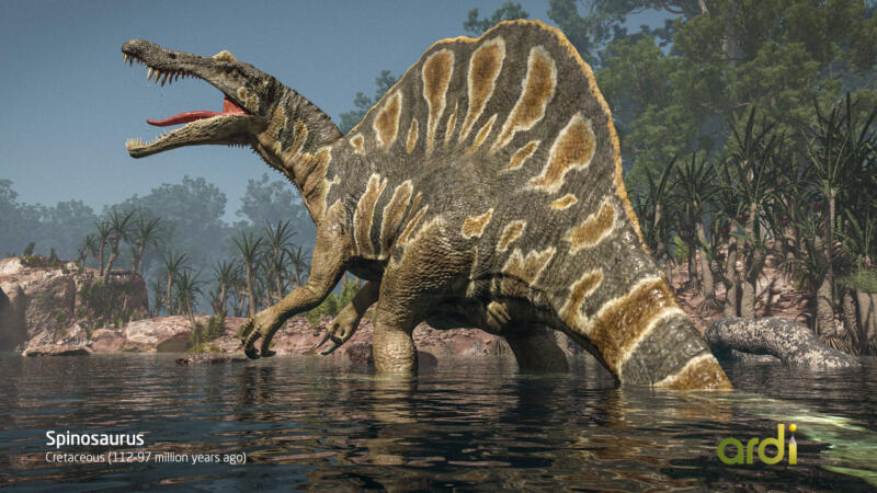 Illustration av en Spinosaurus, en utdöd dinosaurieart.
