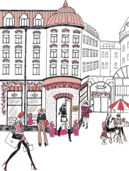 Illustrationen är en butiksfasad med linjeteckning och modeteckningar på tjejer