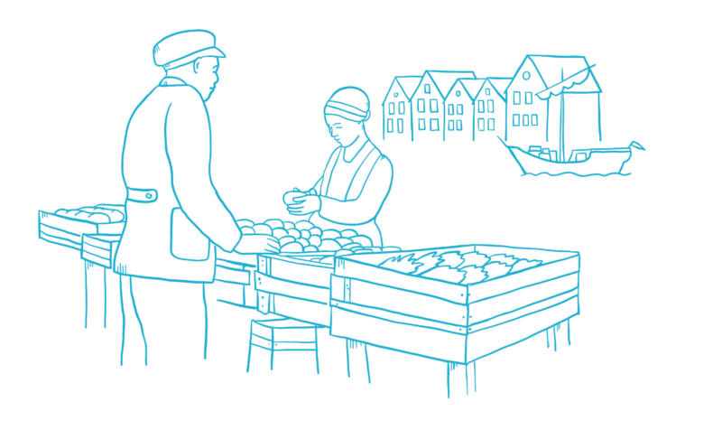 Illustration för skolbok föreställande handel.