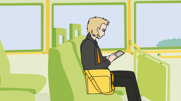 Illustration av person på buss, om mörka tankar och självhjälp.