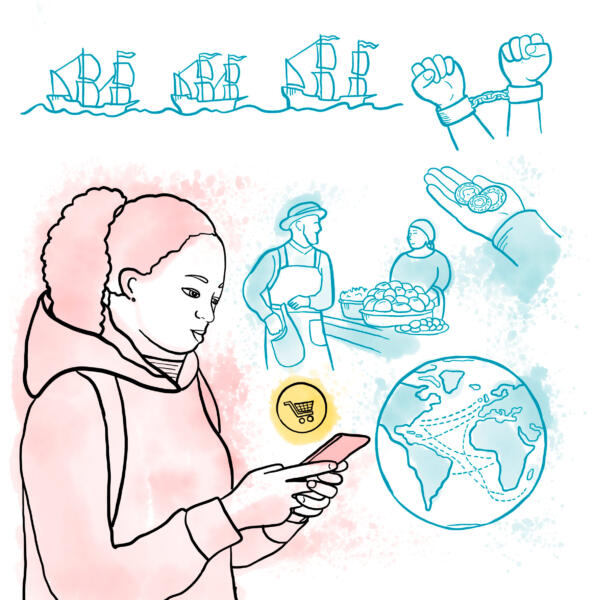 Illustration för läromedel beskrivande handel och dess historia.
