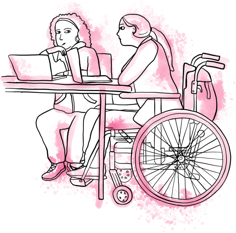 Illustration av två personer som sitter framför varsin dator.