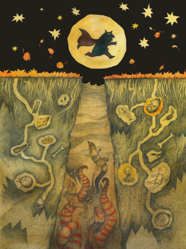 Illustration med halloweentema som föreställer en stjärnklar natt och varelser under jorden.