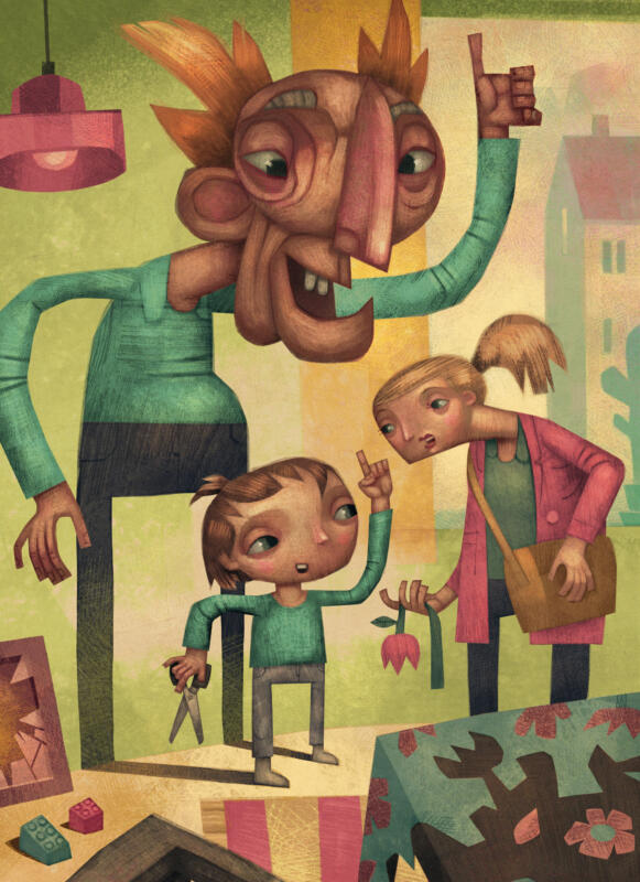 Illustration av gammal gubbe och litet barn till en novell i appen A Story a Day.