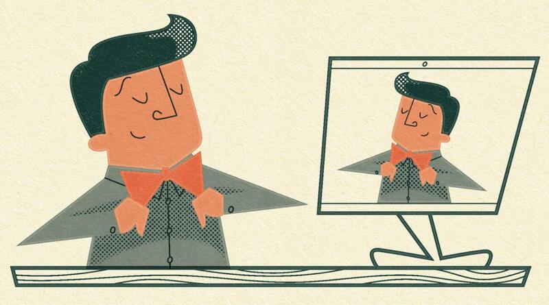 Illustration av person med fluga framför en datorskärm.