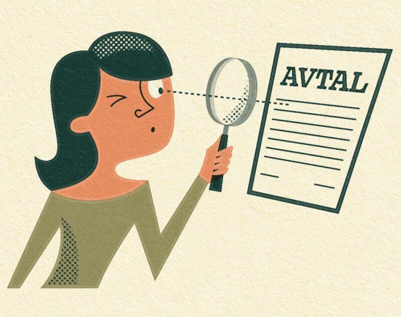 Illustration föreställande person som ser på ett avtalspapper genom ett förstoringsglas.