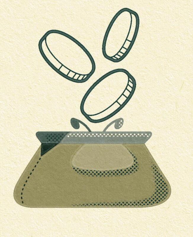 Illustration av pengar ovanför en öppen portmonä.