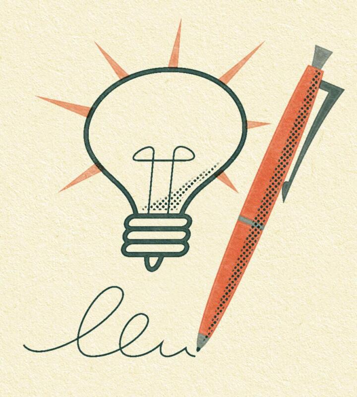 Illustration av en kulspetspenna och en glödlampa.
