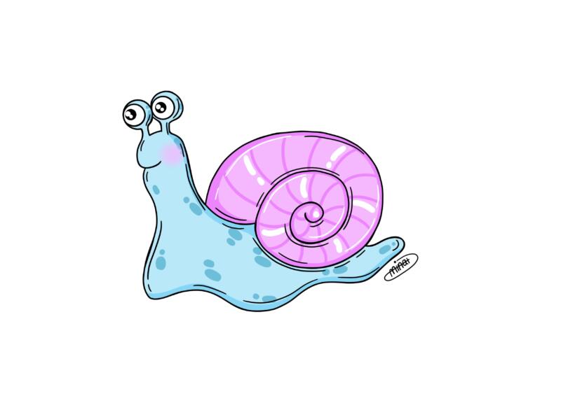 Illustration av blå snigel med lila skal.